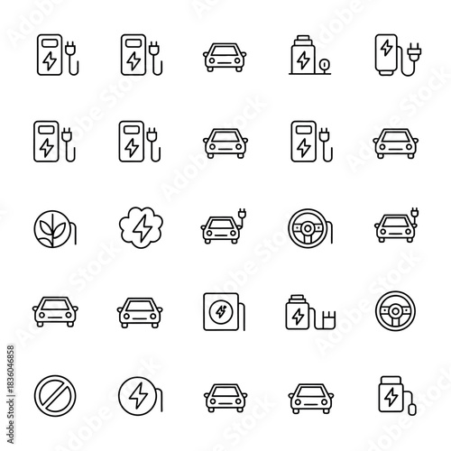 Collection of electric vehicle and charging station icons in hand drawn sketch style