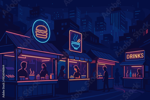 Night market scene with food stalls illuminated by neon lights in a bustling city