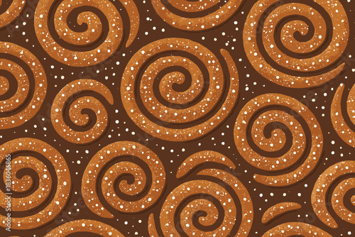 Patterns of brown swirls with white dots create a vibrant and inviting design for a bakery or dessert shop