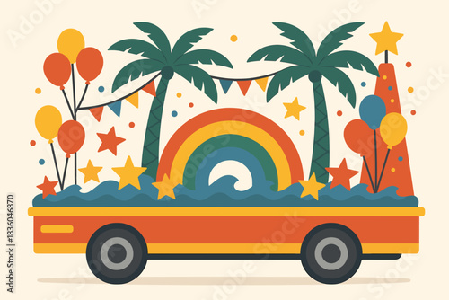 Colorful festive parade float with palm trees and rainbow in a cheerful celebration