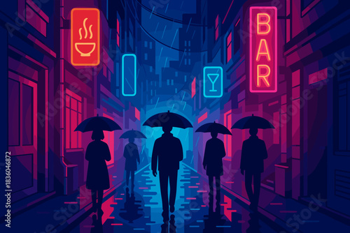 People walking with umbrellas in a vibrant city street at night with neon signs and rainy weather