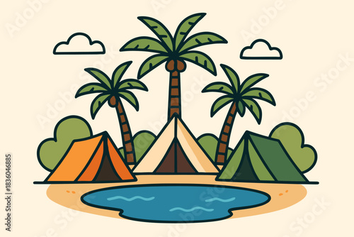 Colorful tents by a tranquil pond surrounded by palm trees in a serene nature setting