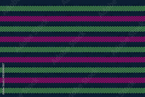 Colorful knitted fabric in stripes of green, purple, and blue creating a textured pattern for crafts