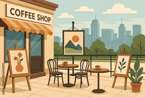 Coffee shop terrace with art displays and city skyline in the background on a sunny day