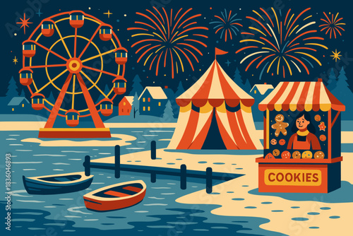 Funfair at night with cookies, a ferris wheel, and fireworks lighting up the winter sky