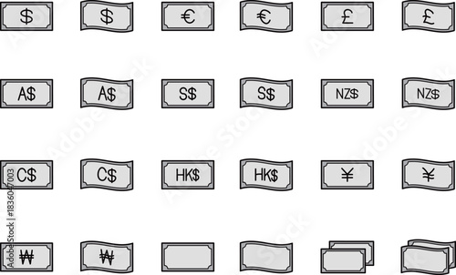 世界通貨の紙幣のシンプルな黒い線画のグレーのアイコンセット