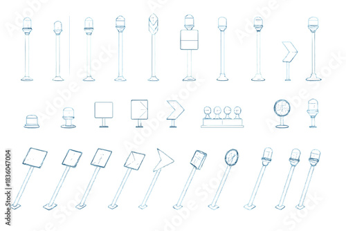 Collection of various traffic sign designs in simple geometric styles for urban planning and safety