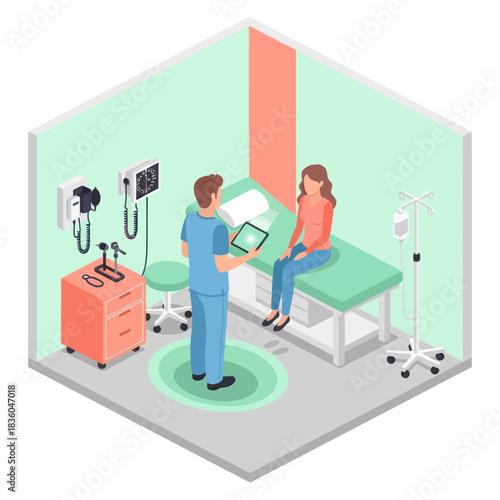Doctor Consulting with Patient in Examination Room Isometric Illustration.