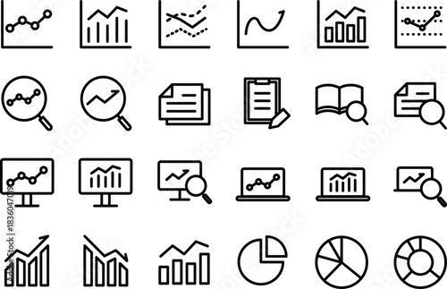 データ分析・調査のシンプルな黒の線画アイコンセット
