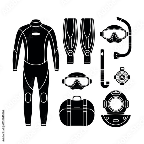 Collection of black and white scuba diving equipment and accessories