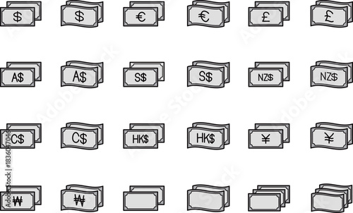 世界通貨の紙幣のシンプルな黒い線画のグレーのアイコンセット