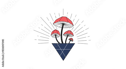 Geometric logo design featuring red polygonal mushrooms growing from a blue triangle with radiating lines creating a modern mystical symbol.