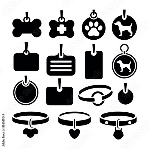 Collection of silhouette dog and cat pet tags and collars