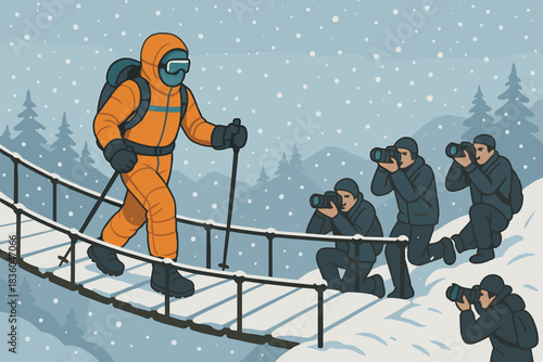Exploration in the snow as a hiker crosses a bridge while being photographed by observers on a winter day