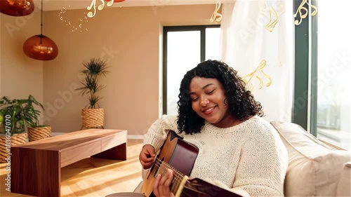 Black woman with curly hair plays acoustic guitar with smile in homey setting. Handheld shot features atmospheric notes floating around plus size middle-aged woman.