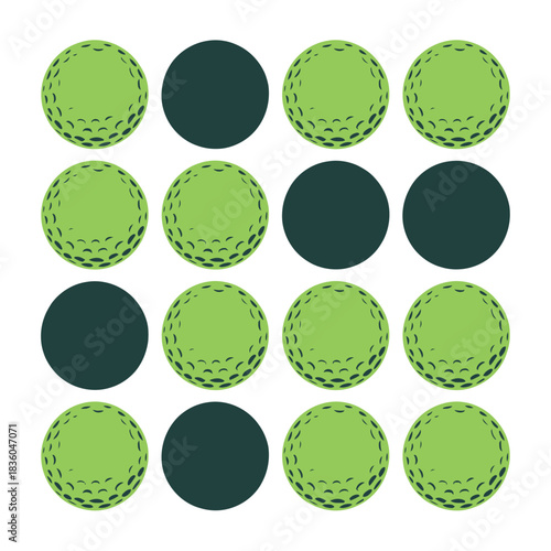 Pattern of green golf balls and dark circles on a white background
