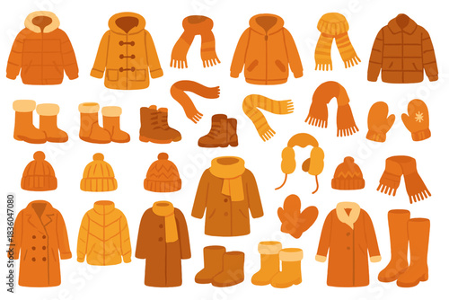 Warm autumn clothing collection featuring scarves, boots, and outerwear in various shades of orange