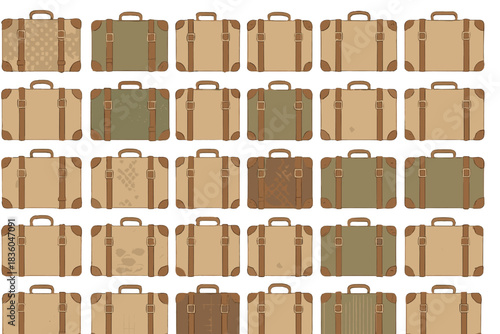 Collection of vintage suitcases in varied designs arranged in a grid pattern