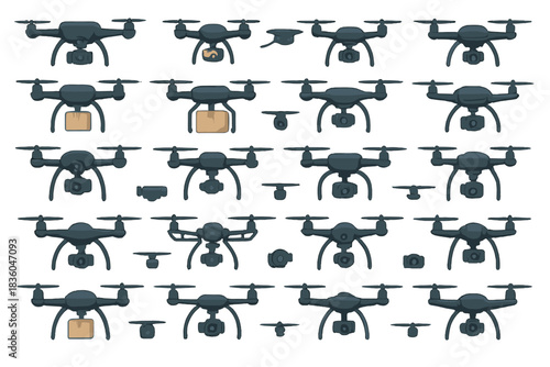 Collection of various drone designs showcasing different styles and functionalities for aerial photography and delivery