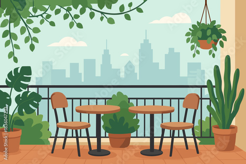 Cozy balcony with plants and city view on a sunny day, perfect for relaxation and quiet moments