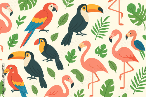 Colorful tropical birds among green leaves in a vibrant and lively pattern suitable for wallpapers or fabric designs