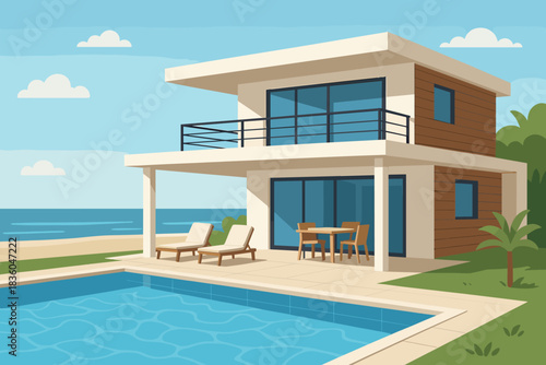 Modern beachside villa with a swimming pool and ocean view in a sunny landscape