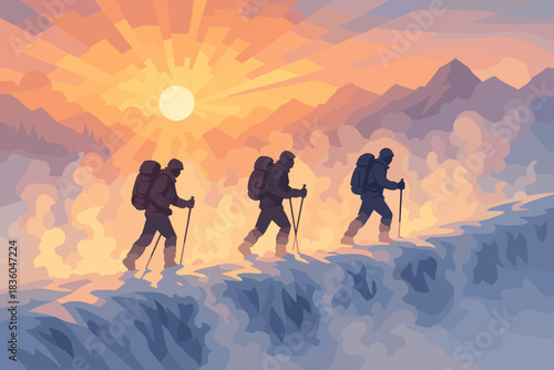 Hikers trekking through mountains during sunrise with orange and purple sky in the background
