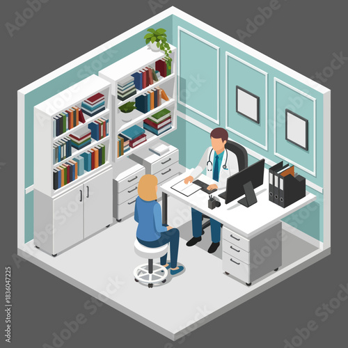 Doctor consulting with a patient in a modern medical office.