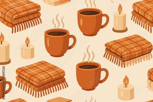 Cozy autumn scene with warm mugs, blankets, and candles creating a comfortable atmosphere