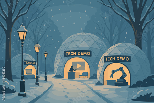 Winter tech demonstration in snowy park with igloo-style structures and warm lighting