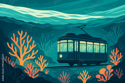 Underwater tram journey through vibrant coral reefs and sea life at twilight