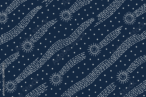 Unique blue pattern featuring suns and wave designs with dotted accents on dark background