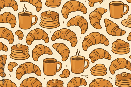 Croissants, coffee, and pancakes pattern design showcasing breakfast delights and cozy dining atmosphere