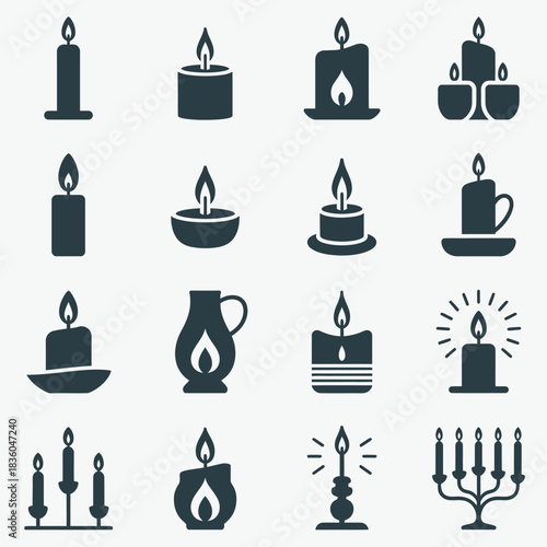 Collection of various candle icons and silhouettes for decoration and celebration