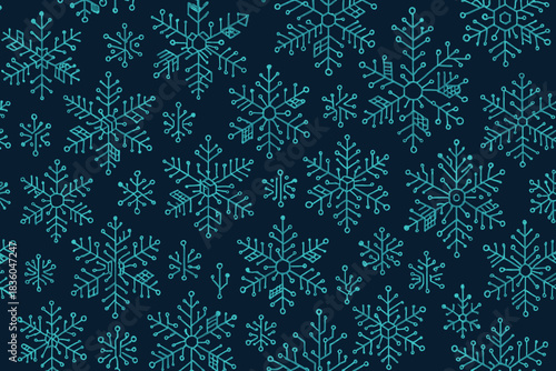 Snowflakes of various designs create an intricate pattern against a dark background during winter season