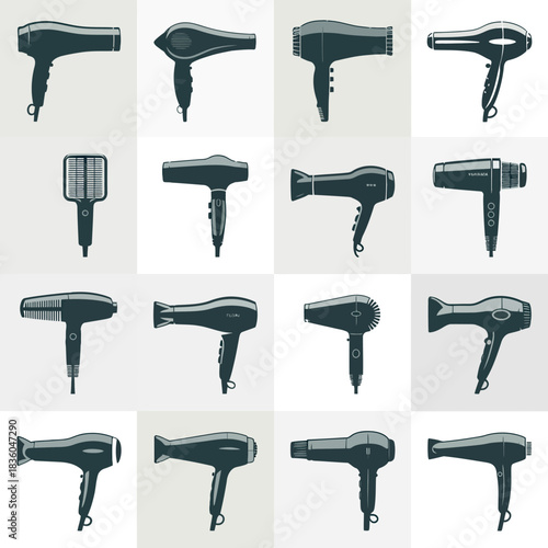 Collection of various professional hair dryers on a light background