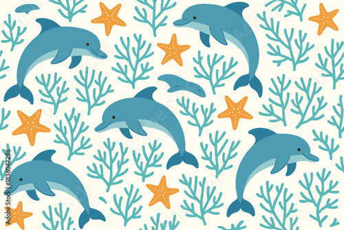 Dolphins swimming among coral and starfish in a playful underwater scene featuring vibrant colors