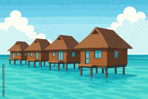 Colorful wooden houses on stilts in clear blue water under a sunny sky with fluffy clouds