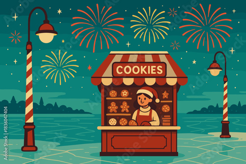 Festive cookie stand by the lake under fireworks at night during a winter celebration