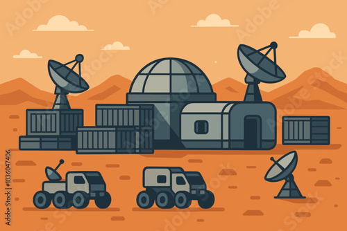 Space research facility on a distant planet with rovers and satellites in the red desert landscape