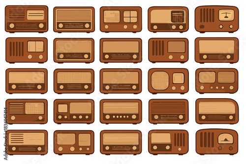 Vintage radio collection displayed in various designs and styles, showcasing retro aesthetics and craftsmanship