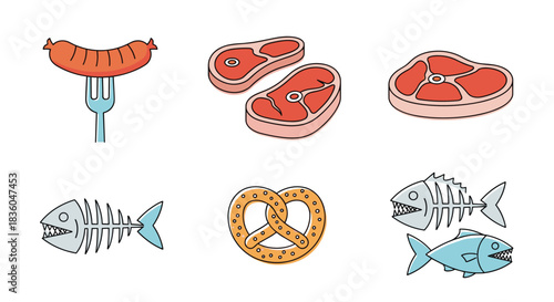 Set of hand-drawn food icons with a crayon texture including sausage steak pretzel and fish for a rustic menu or restaurant design.
