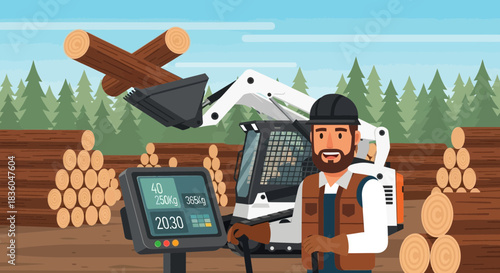 Cartoon Logger Operating a Skid Steer Loader and Timber Industry Machinery