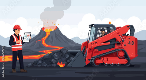 Volcanic excavation site with engineer using a tablet and a skid steer loader