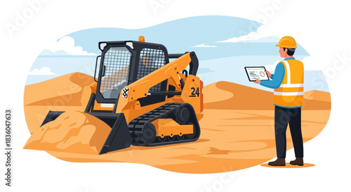 Illustrated construction worker inspecting site operations with skid steer loader