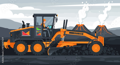 Industrial landscape with operator driving earthmover vehicle at volcanos
