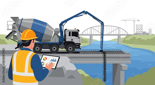 Bridge construction project management with cement truck and supervisor analysis