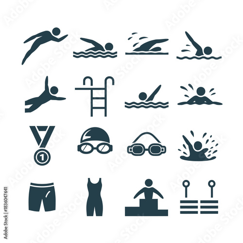 Collection of swimming icons representing different strokes and competition elements