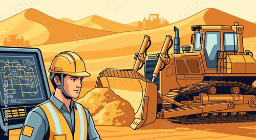 Engineer overseeing earthmoving project with bulldozer in desert landscape