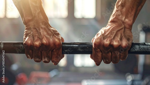 Close-up of muscular, veined hands gripping a barbell in a dimly lit gym, sunlight streaming through windows in the background